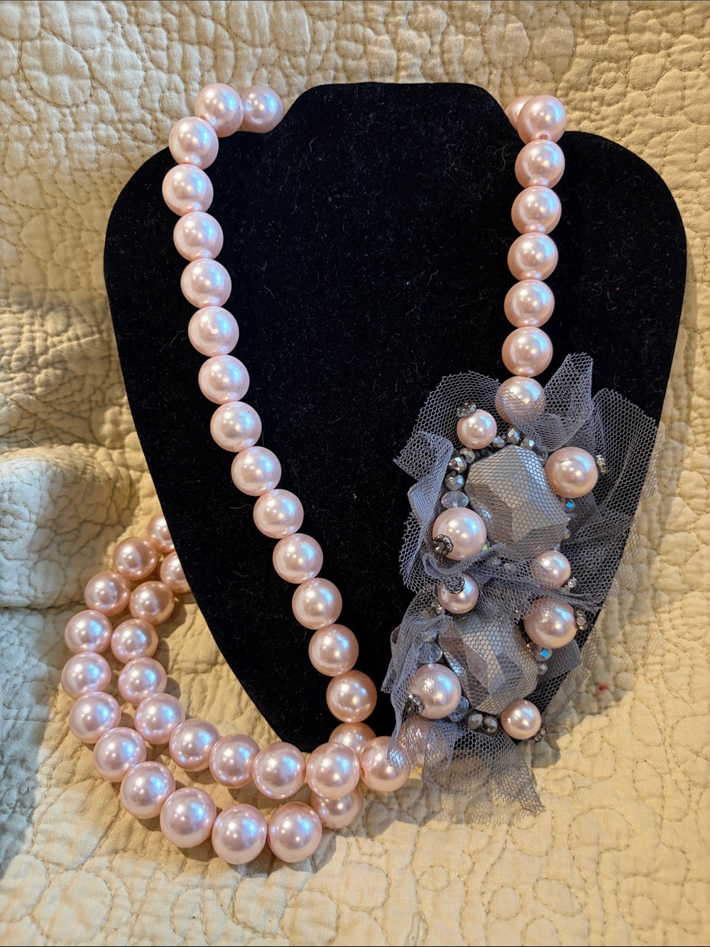 Pink Pearl Statement Necklace with Tulle Floral Accent